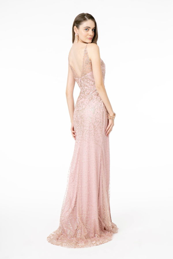 Glitter Mesh Illusion Deep V-Neck Long Dress w/ Slit-9