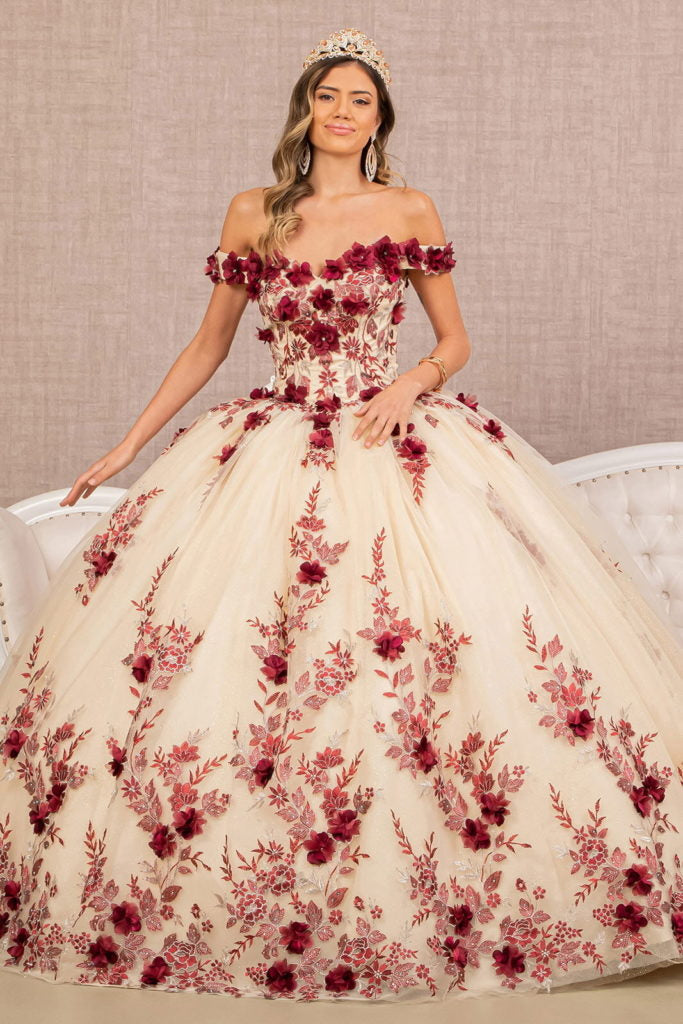 3-D Flower Embroidery Off Shoulder Mesh Quinceanera Gown-5