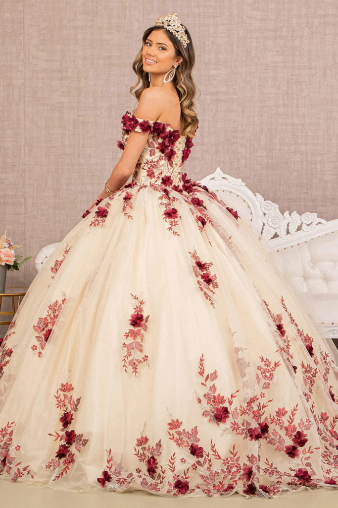 3-D Flower Embroidery Off Shoulder Mesh Quinceanera Gown-9