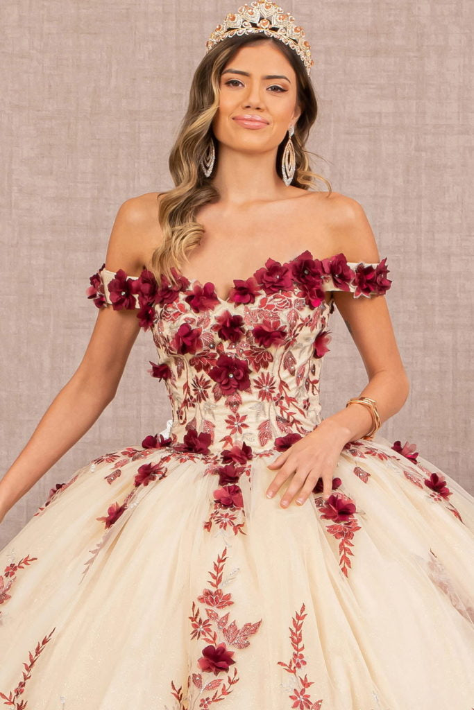 3-D Flower Embroidery Off Shoulder Mesh Quinceanera Gown-8