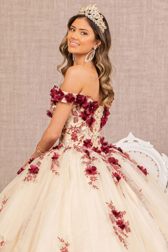 3-D Flower Embroidery Off Shoulder Mesh Quinceanera Gown-7