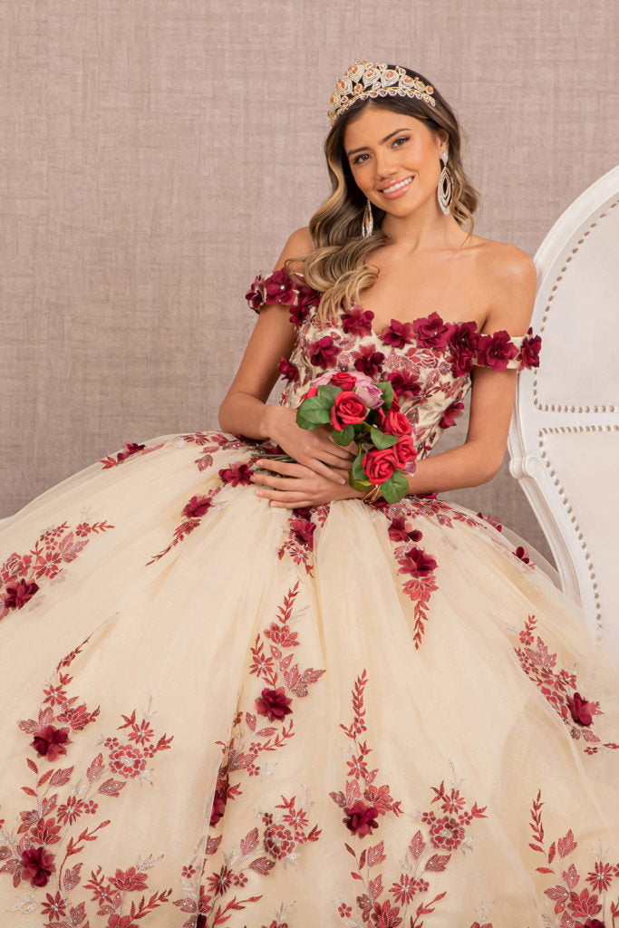 3-D Flower Embroidery Off Shoulder Mesh Quinceanera Gown-6