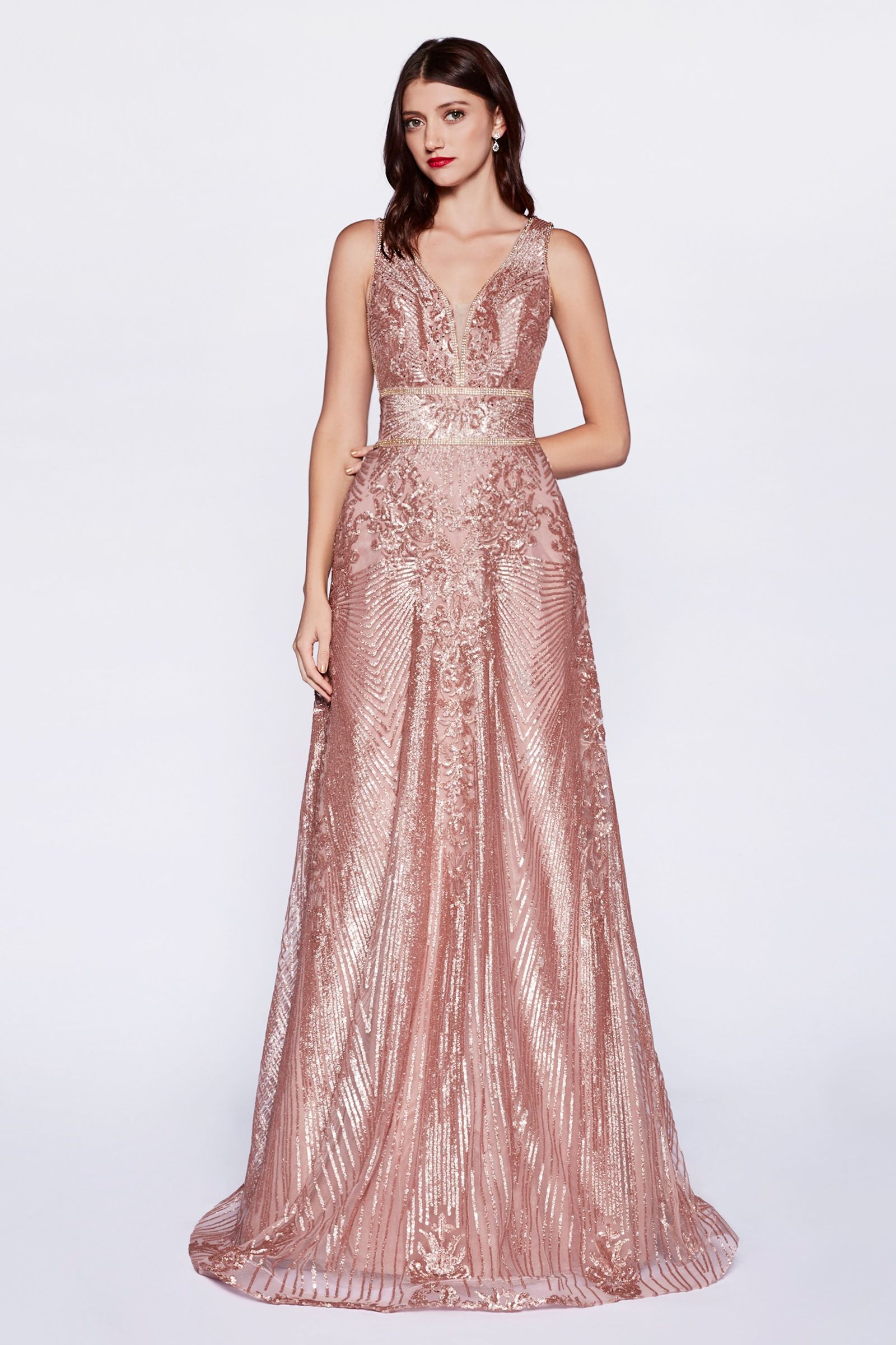 A-Line Gown With Sequin Geometric Pattern And Open Back.-5
