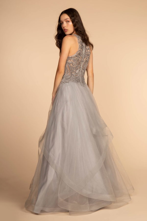 Embroidered Applique Bodice Tulle Long Dress-5