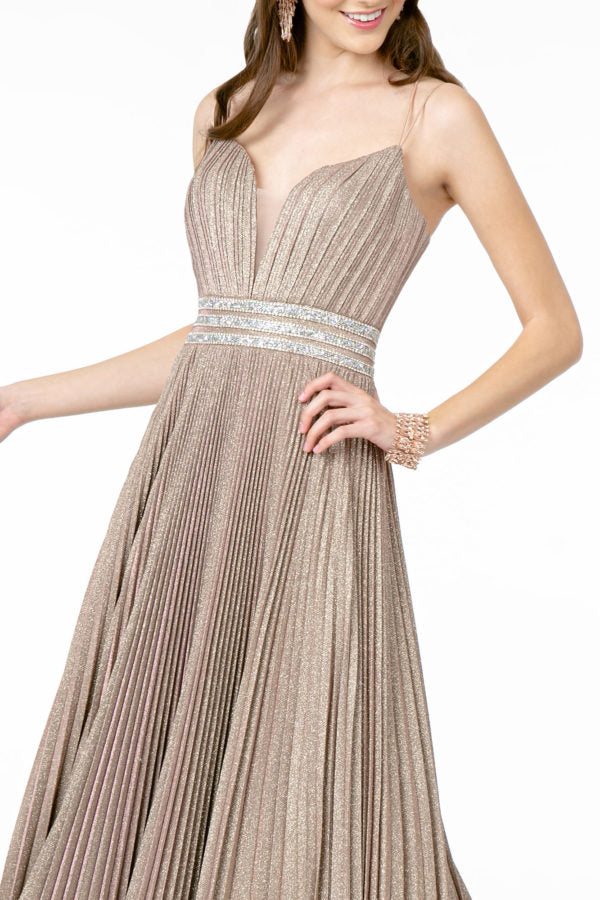 Illusion Deep V-Neck A-Line Pleated Long Dress with Metallic Glitter Finish-5