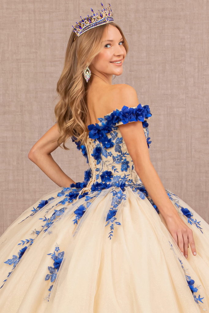 3-D Flower Embroidery Off Shoulder Mesh Quinceanera Gown-4