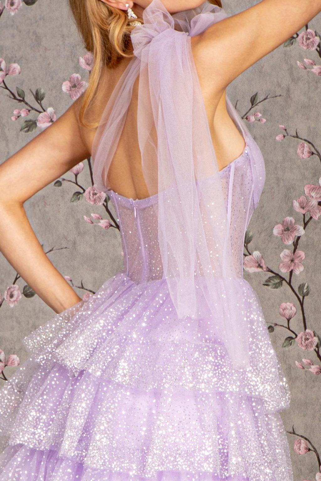 Glitter Sheer Bodice Ribbon Straps Ruffled Skirt Mesh A-line Long Dress-6