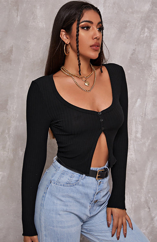 Cute As A Button Long Sleeve Crop-Top