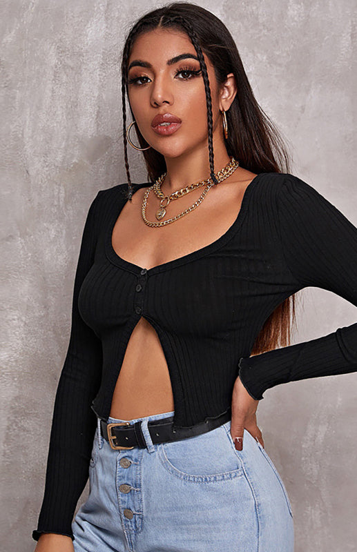 Cute As A Button Long Sleeve Crop-Top