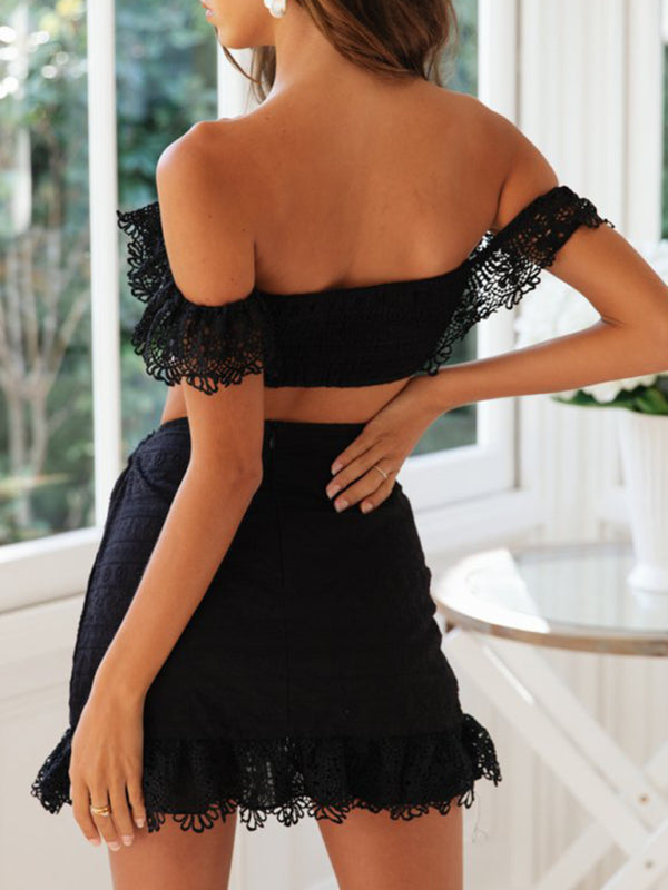 Two-Piece Off the Shoulder Lacey Set with Tie Detail Skirt