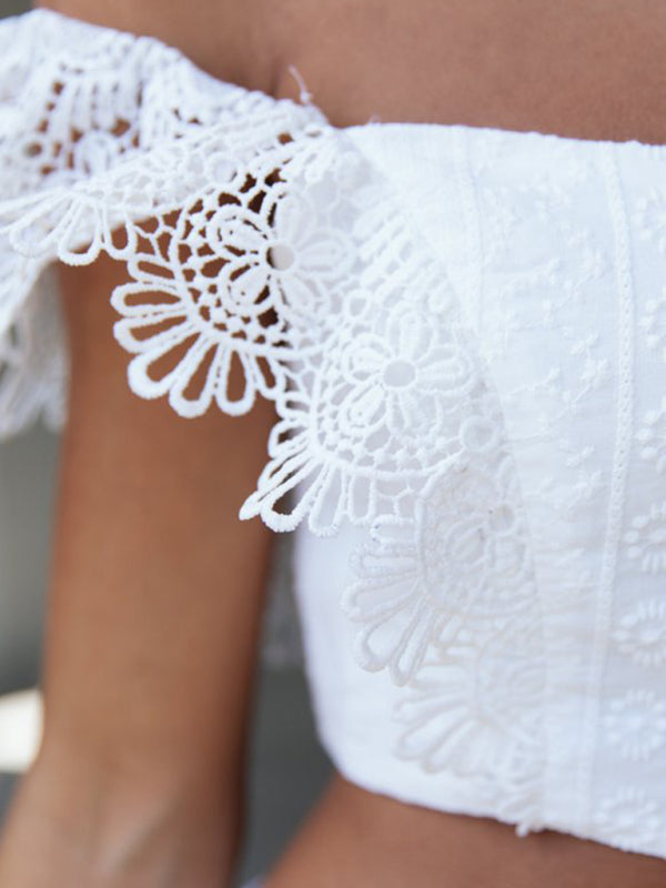 Two-Piece Off the Shoulder Lacey Set with Tie Detail Skirt