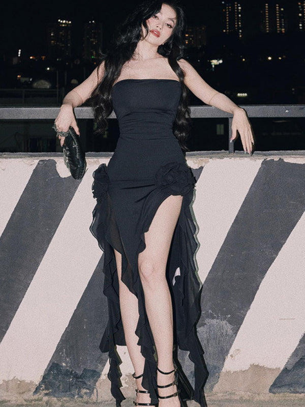 Strapless Double Slit Ruffle Dress