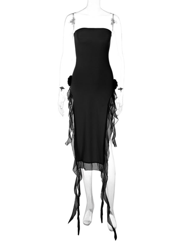 Strapless Double Slit Ruffle Dress