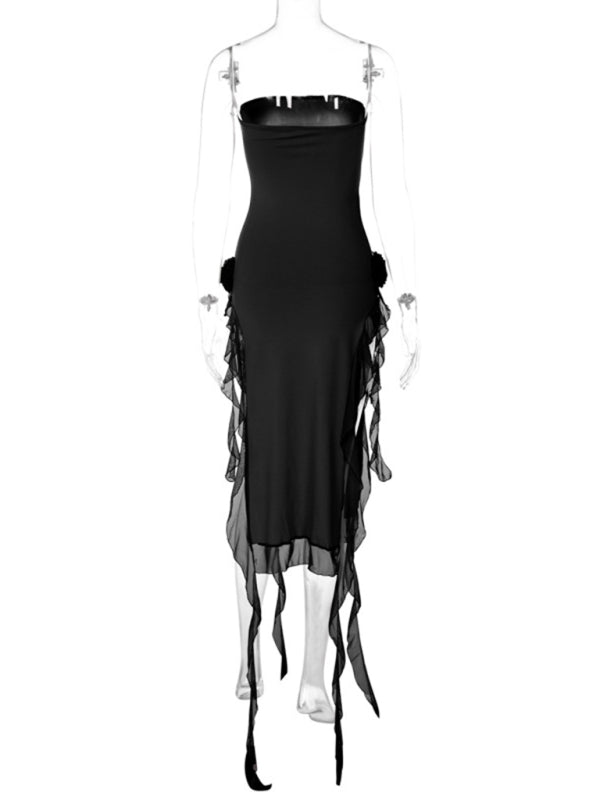 Strapless Double Slit Ruffle Dress