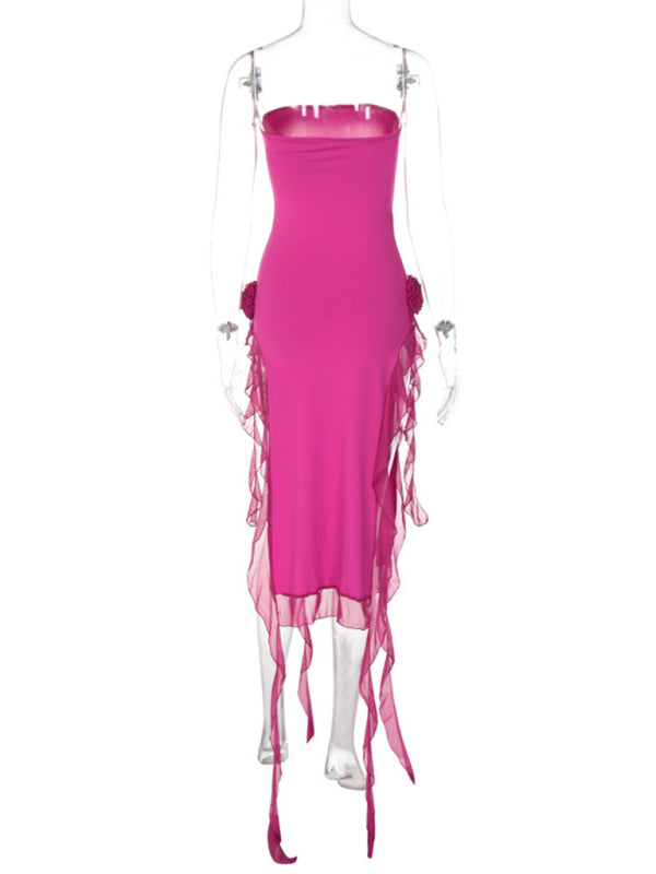 Strapless Double Slit Ruffle Dress