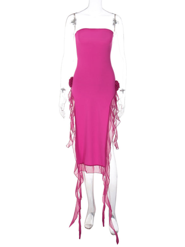 Strapless Double Slit Ruffle Dress