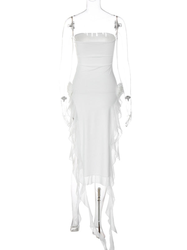 Strapless Double Slit Ruffle Dress