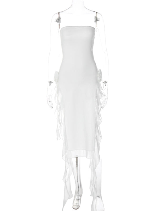 Strapless Double Slit Ruffle Dress